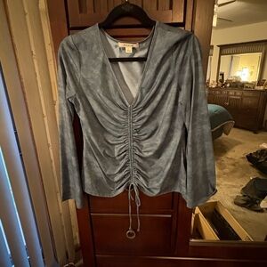 Adam Levine Collection Blue Gray Ruched Tie Front Blouse